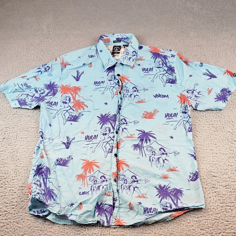 Volcum Mens XL Button Up Short Sleeve Shirt Hula Girls All Over Print Blue